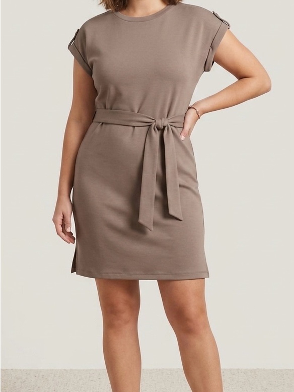 Nicole Miller New York Cuffed Sleeve Belted Mini Dress Taupe|Size Large